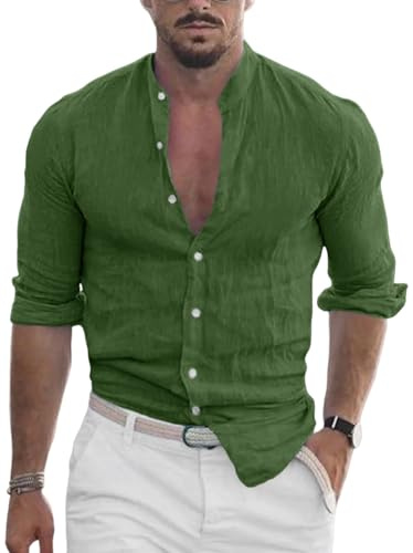 Onsoyours Uomo Camicia in Lino Manica Lunga Henley Shirt con Bottoni Tinta Unita Casual Elegante Hawaii Maglietta T Shirt per Interni Spiaggia A Verde S