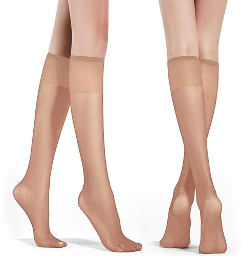 Telooco 4 Paar Nylon Kniestrümpfe Transparente Damen Kniestrümpfe 20D Hautfarbe Feinkniestrümpfe mit Verstärkten Zehen Elastische Weiche Nylonsocken für Frauen und Mädchen (Hautfarbe)