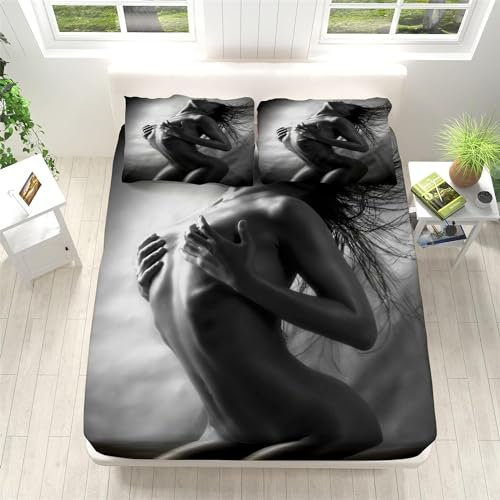3D Spannbettlaken 140x200 Sexy Frau Bettlaken Weiches Atmungsaktiv Spannbetttücher Sexy Frau Mikrofaser Spannbetttuch Tiefe Tasche 30 cm Mit 2 Kissenbezügen 80x80 cm qq3065