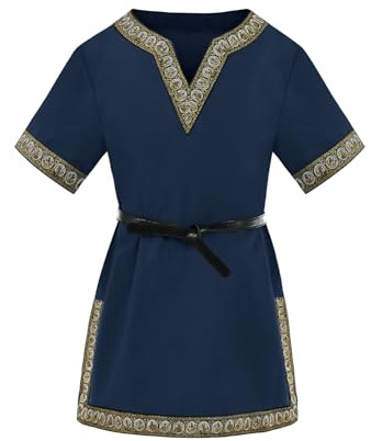 Haloumoning Túnica medieval para niños, camisetas de cosplay para niños, disfraz, Halloween, renacentista, vikingo, guerrero, camisetas de caballero, azul oscuro, 10-12 años