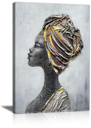 FajerminArt Retro Marco de Madera Cuadros, Abstracto Africana Americano Mujer Cuadros Decoracion Salon Pintura Lienzos Decorativos Para Pared Comedor Dormitorio Listo para colgar 60x40cm