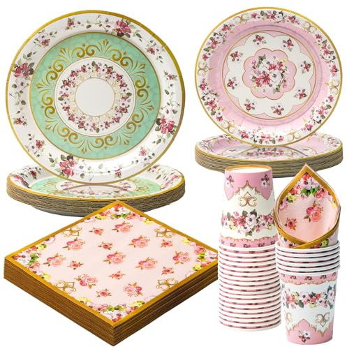 PARTY GO 96pcs Tea Party Tableware Set Floral Tea Party Paper Plates Cups and Napkins Flower Disposable Dinnerware Party Supplies for Wedding Birthday Afternoon Tea Party Table Decor Serve 24 Guests