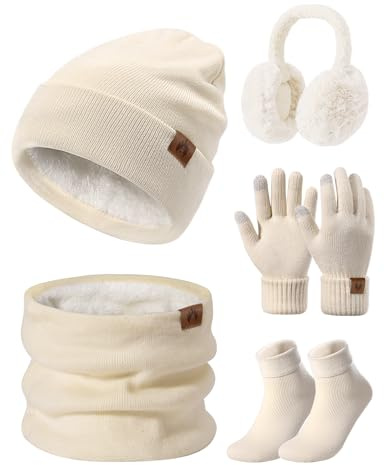 Niwicee Gorro Bufanda y Guantes Invierno Set 5PCS Gorro Invierno Pantalla Táctil Calentadores de Orejas de Felpa Conjunto de Calcetines Térmicos Bufanda Larga para Invierno Regalo para Mujer