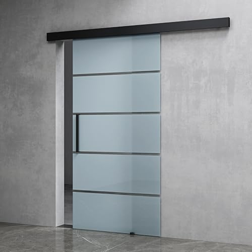 Mai & Mai Porta Scorrevole in Vetro 102.5x215cm, Porta Scorrevole con Sistema Softclose in Vetro Satinato 8mm in 5 Strisce con Binario e Maniglia Per Asta, Nero, Amalfi-plus 13H