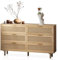 Pawom Komodenschrank mit 6 Schubladen, kommode mit schubladen Schlafzimmer, Rattan Chest of Drawers, Kleider kommode Holz, TV Schrank, Dresser (Natural, 130CM)