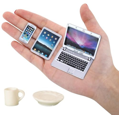 5 Stück Puppenhaus Lernen Zubehör, 1:12 Mini Puppenhaus Laptop, Wichtel Zubehör Set, Puppenhaus Szene Simulation für Foto Requisiten DIY Rollenspiel (Silber)