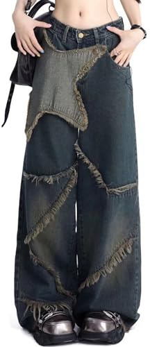 DINGJIUYAN Baggy Jeans Women Star Tassel Patchwork Denim Pants for Teenage Girls Y2k Grunge Wide Leg Cargo Jeans