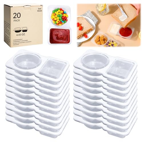 Haokelai 20PCS Double Compartment Condiment Container With Lids, Reusable Snack Container for Sauces and Snacks, Snack Containers, Ideal for On-the-Go Meals and Parties