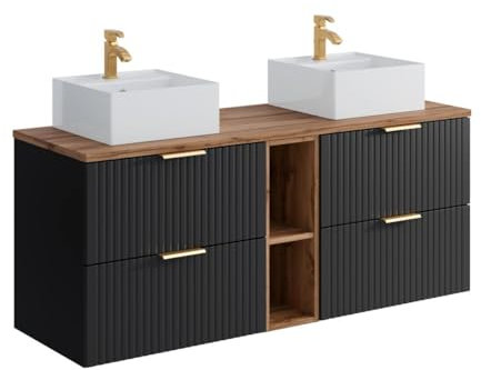 Vente-unique-Mobile per bagno sospeso con scanalature nicchie lavabo doppio appoggio quadrato L140 Nero natur. chiaro - ZEVARA