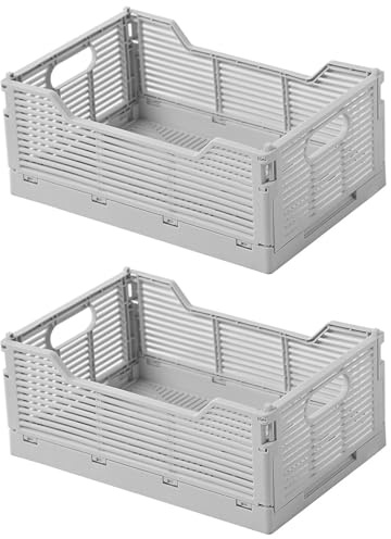 Spesh 2 Pcs Collapsible Storage Crates Stackable Folding Crates Storage Boxes Plastic Foldable Baskets for Office Home(Grey, 30*20*12cm)