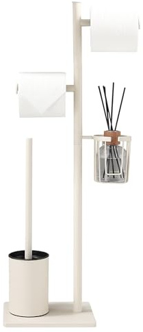 Porta carta igienica set in acciaio inox Bianco, autoportante, completo di scopino WC e cestino porta oggetti, perfetto per organizzare il bagno con eleganza e praticità