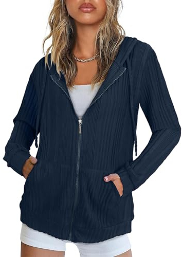 Flikity Zip Up Hoodie Women, Lightweight Hoodies Women Hooded Cardigan Ladies Casual Jackets Womens Spring Summer Coats Autumn Clothes Dark Blue XL