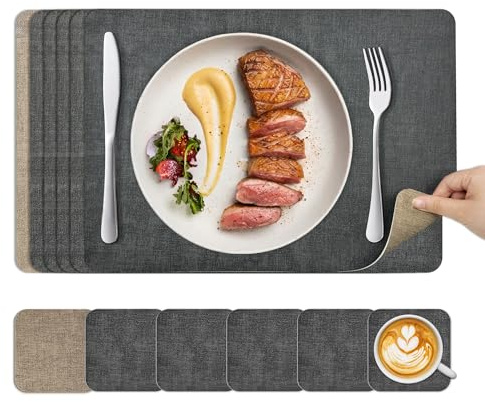 Placemats and Coasters Set 6: KitchenBoss Dual Sided Place Mats for Table, Wipeable Black Dinner Mat Coaster Sets, Non Slip Washable Dining Table Plate Mats，43 * 30cm (Black + Grey Apricot)