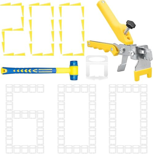 602 PCS Tile Leveling System Kit - 1/32 (1mm) Tile Spacers Clips with 200 Reusable Wedges, Professional Tile Plier & Rubber Mallet - Anti-Lippage Wall/Floor Installation Tool Set for Stone & Ceramic