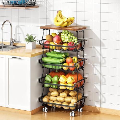 Fruteros De Cocina ,Carro Organizador de Frutero 5 Pisos Con Ruedas Estantes Metálicos Apilables Para Despensa Frutas Verdulero Cocina y Baño Carrito Auxiliar Con Ruedas Carrito Cocina Con Ruedas
