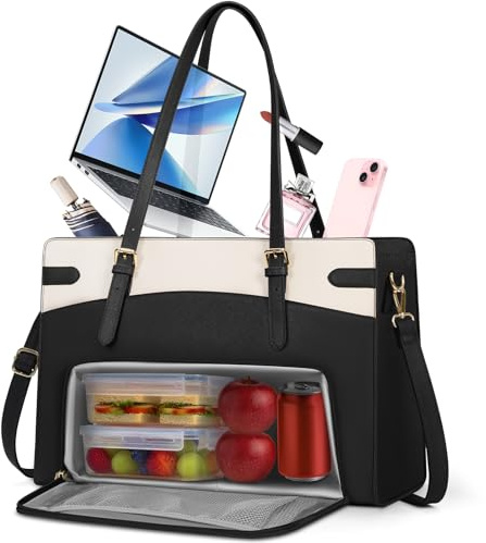 RAINSMORE Bolso Mujer Grande con Compartimento Aislante para el Almuerzo | Bolso Ordenador Portatil 15.6 Pulgadas Impermeable PU Cuero Tote Bag para Trabajo Universidad Bolsos Oficina