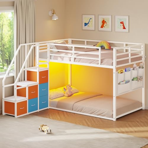 Low Bunk Bed Twin Over Twin with Storage Staircase & 6 Drawers, LED Lights
