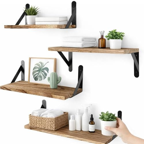 zxevg Wooden Floating Shelves Set of 4 Rustic | Wall mounted storage shelf for bedroom, living room, kitchen & bathroom. Long wood bookshelf display unit