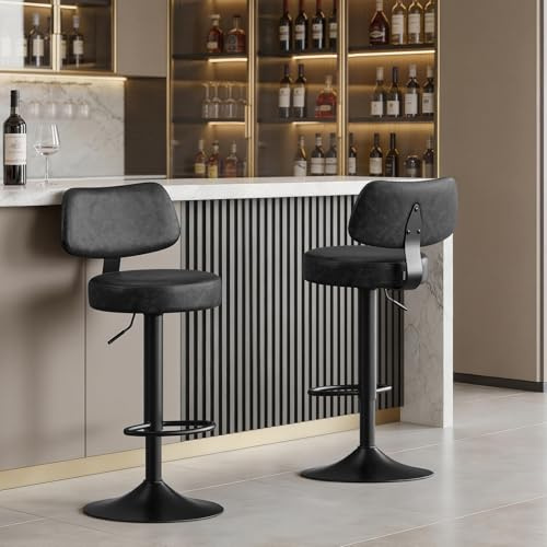 WOLTU Taburetes Altos de Cocina Giratorio con Respaldo, Antracita | 360° y Ajustable en Altura, con Reposapiés, Tapizado en Piel Sintética, para Comedor y Cafetería
