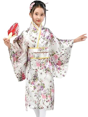 Kimono för barn – traditionell långärmad silke justerbar remrock – japanska animekostymer, för flickor 2–10 halloween