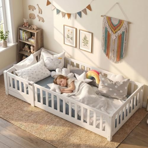 Wnvivi 190x90 cm Toddler Floor Bed,3ft Montessori Floor Bed with Rails & Lockable Door,Single Children's Beds for Toddlers,Kids,Fall Protection Including Slatted Frame,White Solid Pine