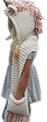 Maison Jardin Filles Bonnet de Laine Tricote Licorne Ensemble Bonnet Echarpe Automne-Hiver pour Enfant Unisexe 3 à 10 Ans