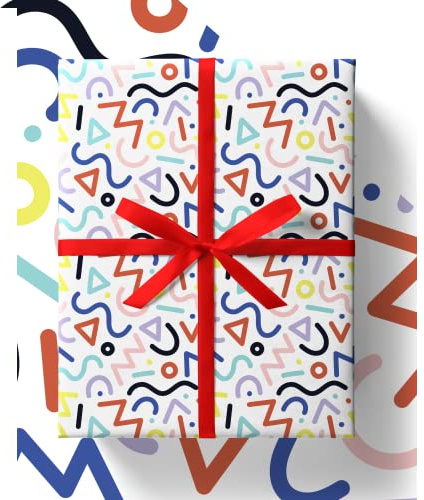 White Doodle Wrapping Paper - HUGE 43% BIGGER [84cm x 60cm] Premium Eco Birthday Gift Wrap for Birthdays, Kids, Boys, Girls, Men and Women (4 Sheets & 4 Tags)