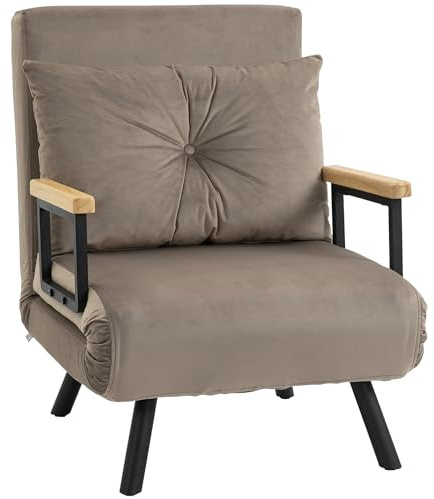 HOMCOM 4 in 1 Poltrona Letto Singolo, Poltrona Pieghevole con Schienale Regolabile in 5 Posizioni, Divano Letto con Cuscino, Seduta Imbottita, in Velluto per Casa e Ufficio, 63x73x81 cm Marrone Chiaro