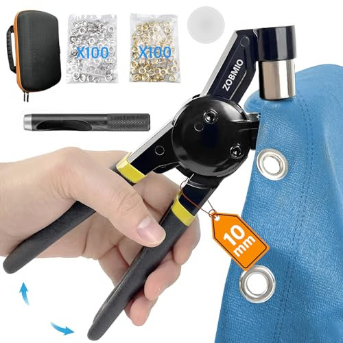 ZOBMIO Ösenzange, mit 200 Ösen (Durchmesser 10 MM) Druckknöpfe mit Zange, mit Zangenpackung Druckknopfzange, Ösen Set-für Leder, Segeltuch, Pappe, PVC-Gewebe und Markisen Etc