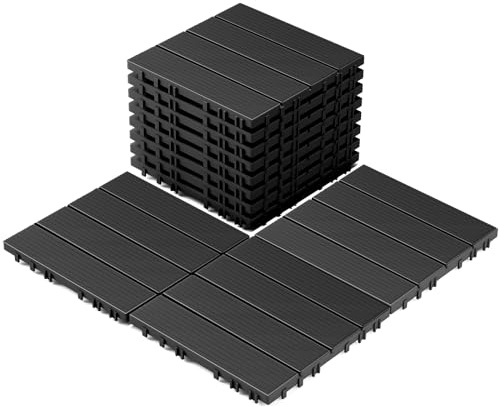 9 Pack Plastic Interlocking Deck Tiles, Patio Deck Tiles Waterproof Outdoor Flooring 12 x 12All Weather Uses for Porch Poolside Balcony Backyard Pathway, Charcoal Gray