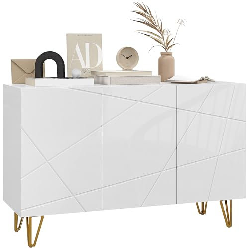 HOMCOM Aparador para Salón Aparador de Entrada con 3 Puertas y Estantes Ajustables Armario de Almacenamiento para Cocina Sala 120x40x75 cm Blanco Brillo