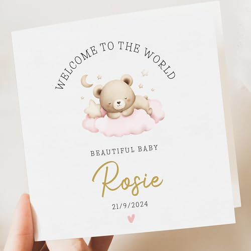 Artsy Gift Co - Personalised Welcome to the World Baby Girl Card – Custom Newborn Baby Greeting Card with Name & Birth Date – Adorable Teddy Bear Design – Perfect for New Parents