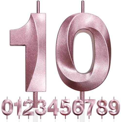 10th Vela de Cumpleaños con Purpurina oro rosa y Diseño 3D - Número 10, Velas con Números, Decoración de Tarta, Vela de Tarta para Fiesta de Cumpleaños, Aniversario de Boda, Decoración de Fiesta