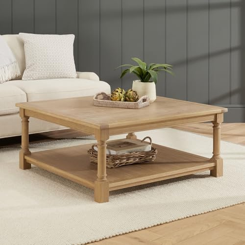 The Furniture Market Classic Whitewash Oak Large Square Coffee Table – Solid Oak Frame, Hand Turned Column Legs, Bead Moulded Freeze, Lower Shelf – H 440mm x W 1000mm x D 1000mm
