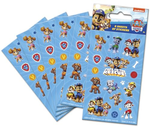 Paw Patrol Partytüten-Aufkleber, Motiv: Welpe Power, Blau, 6 Bögen, offizielles Lizenzprodukt, wiederverwendbar auf nicht-porösen Oberflächen, perfekt als Partytüte oder Strumpffüller, ab 3 Jahren