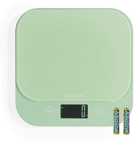 Salter British Bakes Digital Kitchen Scale – 10kg Capacity Baking Scale, Measure Liquids, Waterproof/Washable, Add & Weigh Tare Function, Tempered Glass Platform, 1g Precision, Backlit Display, Green