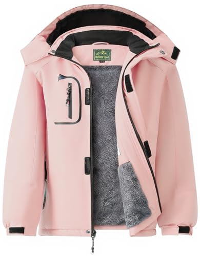 GQDSZ Girl's Waterproof Ski Jacket, Warm Fleece Lined Winter Snow Windproof Jackets, Hooded Ski Coat, Pink, 10-12