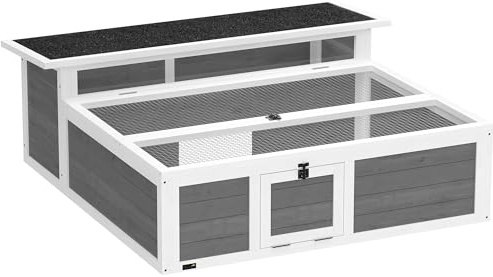 PawHut Casa per tartarughe in legno, terrario per rettili con finestra trasparente, tetto apribile e porte, casetta per tartarughe e conigli, per esterni, 113x106,5x44,5 cm, grigio scuro