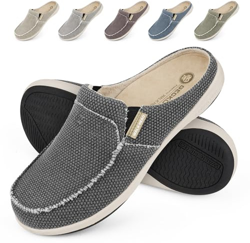 Mens Slippers with Arch Support, Canvas House Slipper for Men with Suede Insole and Velvet Lining, Slip on Clog House Shoes with Indoor Outdoor Anti-Skid Rubber Sole, Black, 10.5