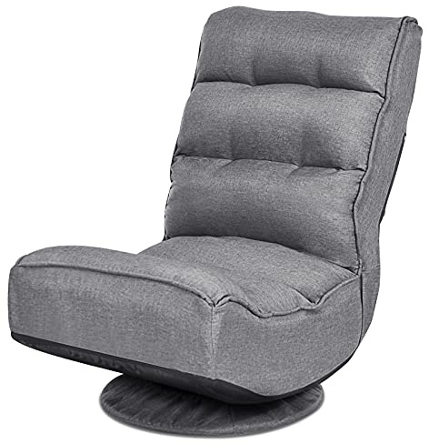 RELAX4LIFE Sedia da Terra Reclinabile in 5 Posizioni, Poltrona da Pavimento con Base Girevole a 360°, Schienale Pieghevole, Imbottita Morbida (GRIGIO)