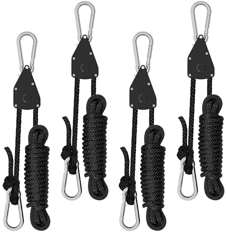 Spider Farmer 4 Stück Seilratsche mit Haken 68 KG Einstellbare Ratchet Hanger für Pflanzenlampe Rope Ratchet Grow Lampe Abspannseile mit Seilspanner