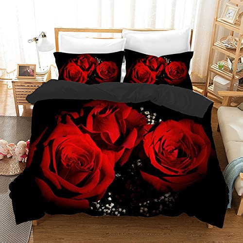 HZVRTN Set di biancheria da letto 3D con copripiumino e 2 federe in microfibra, colore rosa creativa, per adulti e bambini (220 x 240 cm, tre rose)