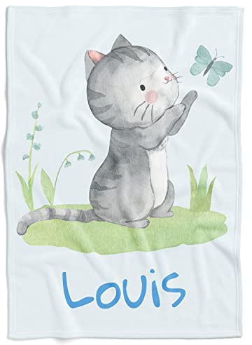 Personalisedog Personalisierte Babydecke mit eigenen Namen, Kätzchenmotiv & Farbauswahl | Individuelle Baby Decke Namensdecke mit graue Katze Motiv (Kätzchen mit Schmetterling 2), 80 x 110 cm