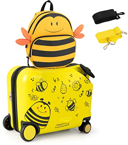 COSTWAY Valigia Cavalcabile per Bambini, 18 Valigia+ 12 Zaino,2 Pezzi, Trolley Bambini Bagaglio a Mano con Ruote Girevoli e Maniglia Retrattile, 2 Cingie Multiuso (Modello 1)
