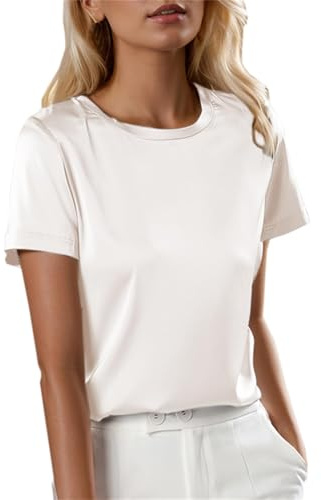 Women's Casual Short Sleeve Crew Neck Silk Satin Blouse Top, White, Large​