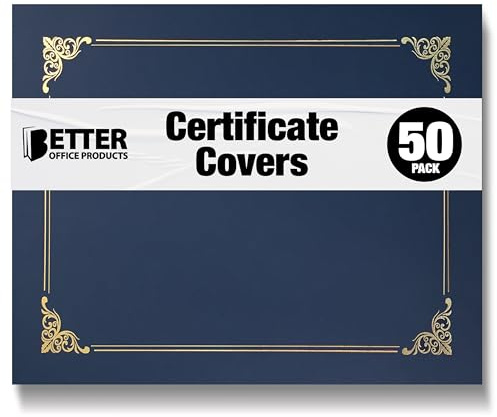 50 Pack Certificate Holders, Diploma Holders, Document Covers with Gold Foil Border, by Better Office Products, for Letter Size Paper, 50 Count (Blue)
