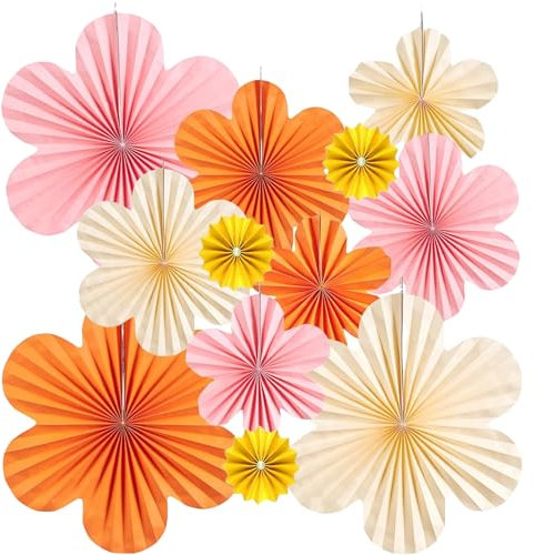 Papierblumen zum Aufhängen, Frühlingsdeko, 12 Stück Papierfächer Deko Rosa Orange Gelb Weiß, Papierblumen für Geburtstagsfeiern, Zusammenkünfte, Hochzeiten, Abschlussfeier, Tischdeko, Baby Shower