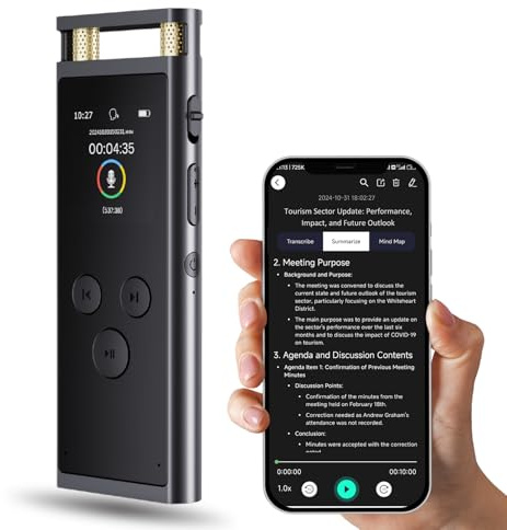 64GB KI Diktiergerät mit Playback - Aufnahmegerät mit ChatGPT 4o zum Transkribieren und Zusammenfassen, One-Touch-Aufnahme, Rauschunterdrückung,102 Sprachen für Vortrag/Interviews/Klassen (Schwarz)
