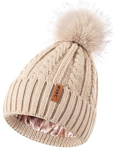 MSDC Satin Lined Beanie for Women with Pom Pom, Warm Womens Winter Hats with Silk Lined, Fashionable Cable Knit Beanie Skull Cap for Cold Weather(Oatmeal)