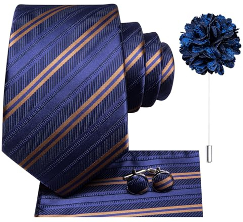 Hi-Tie Blue Brown Ties for Men Silk Men's Tie and Pocket Square Cufflinks Lapel Pin Set Jacquard Wedding Business Necktie
